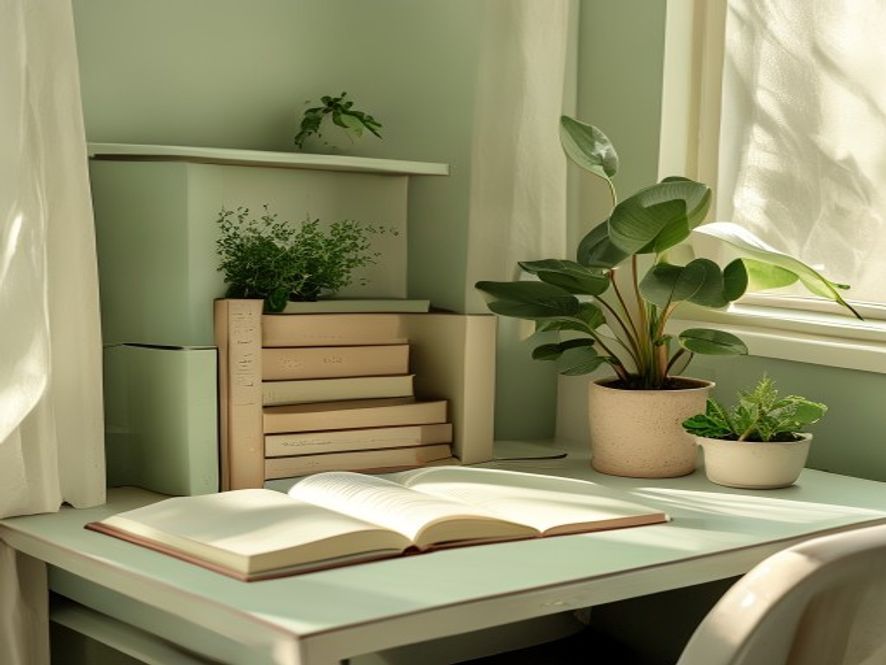Werkplek met notitieboeken en kopje koffie